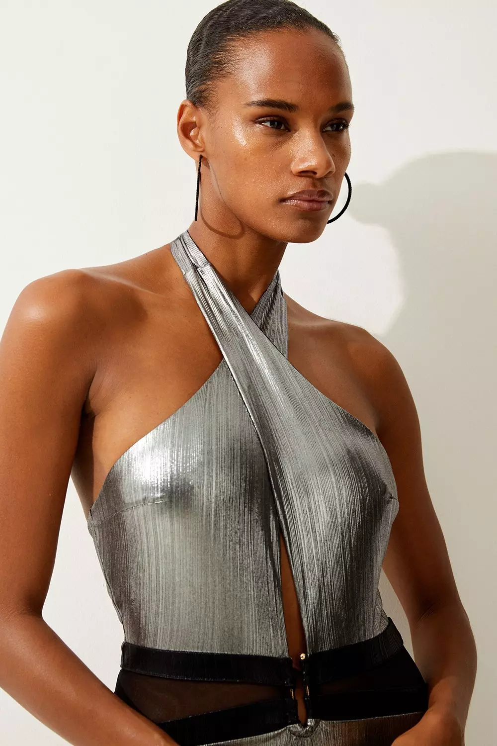 Silver Foiled Cross Neck Swimsuit Karen Millen